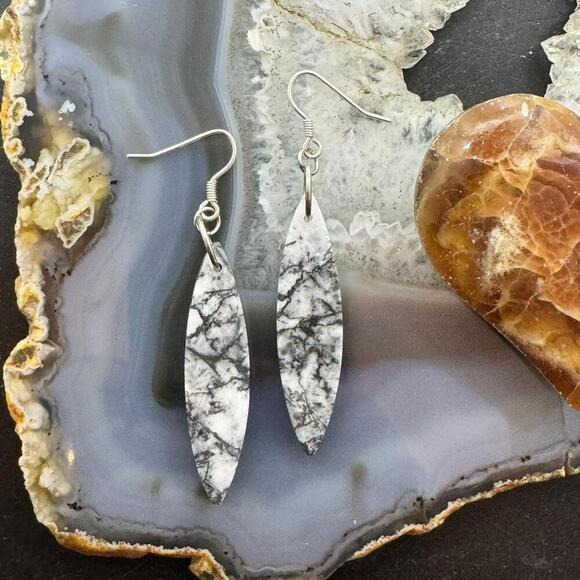Sterling Silver Elongated Marquise Net Jasper Slab Dangle Earrings For Women 231 - Picture 7 of 10